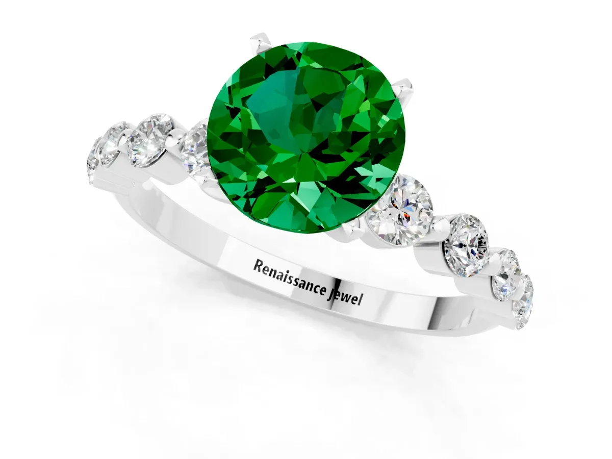 Round Cut Solitaire Emerald Ring with Pave Band and Four-Prong Setting Platinum