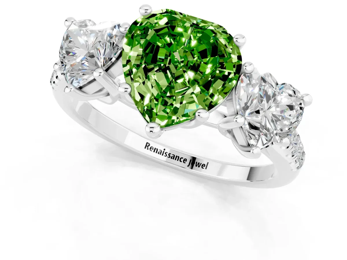 Three-Stone Heart Cut Peridot Ring with Round Pavé Band and Prong Setting Platinum