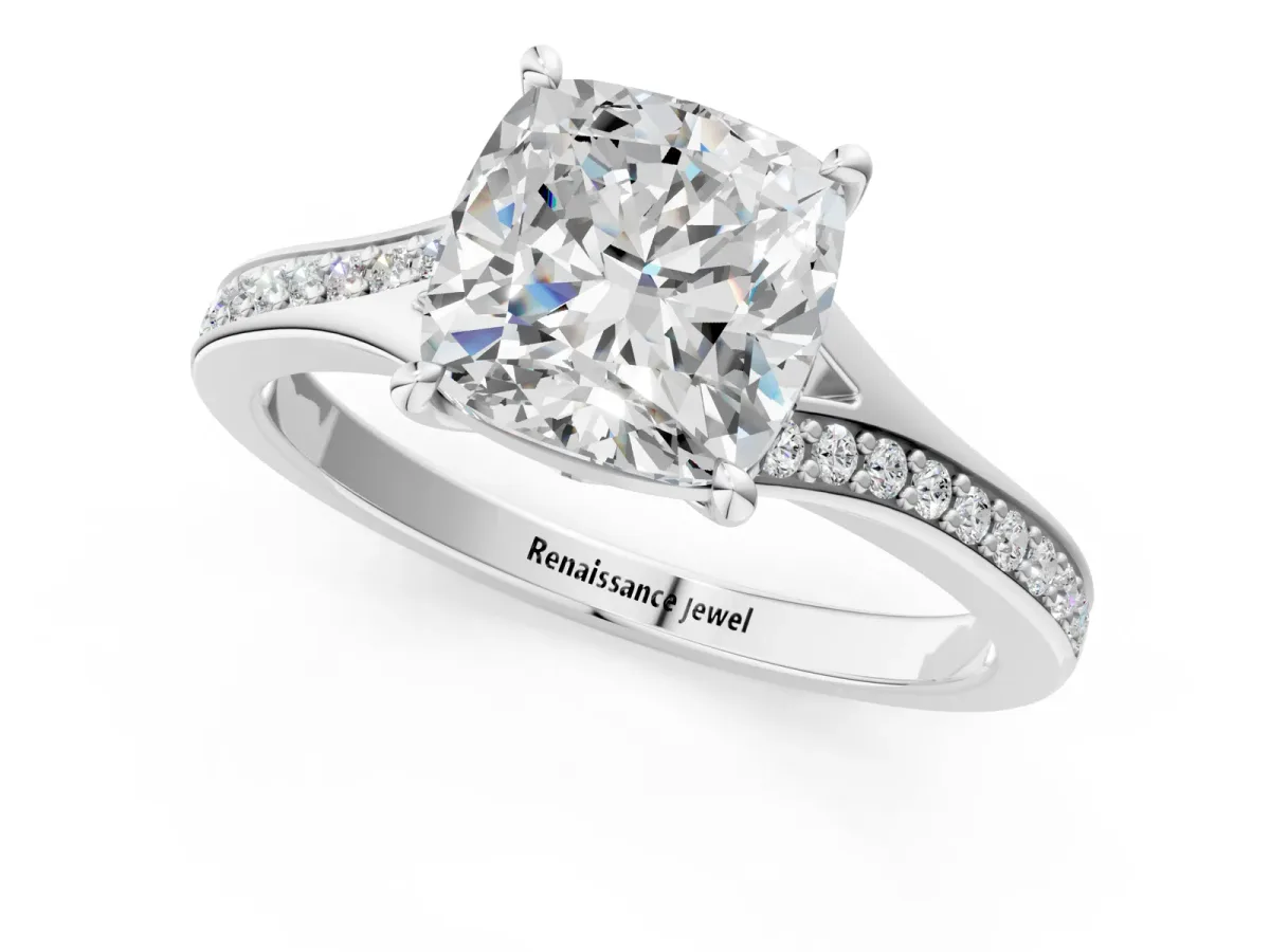 Cushion Cut Diamond Solitaire Ring with Pavé Band and Prong Setting Silver