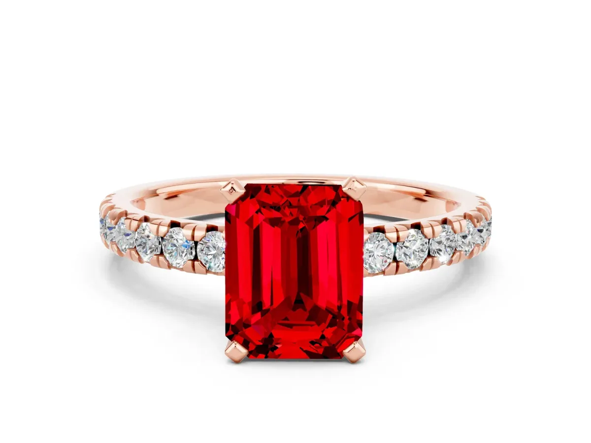 Emerald Cut Ruby Solitaire Pavé Engagement Ring with Round Band and Prong Setting Rose gold