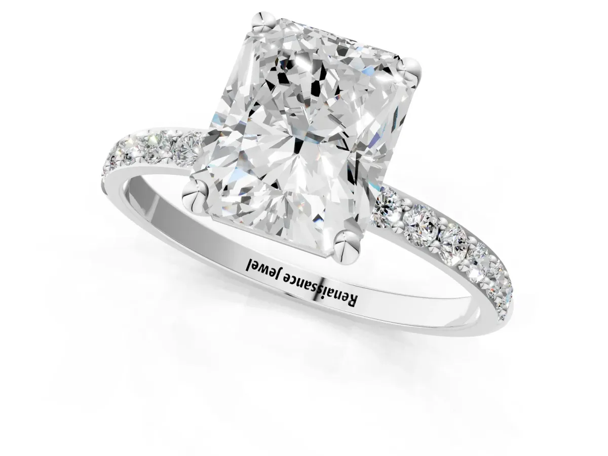 Radiant Cut Diamond Solitaire Ring with Round Pavé Band and Prong Setting Silver