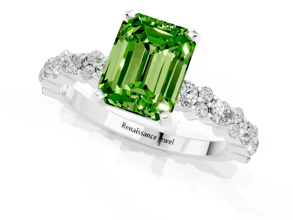 Emerald Cut Peridot Side Stone Solitaire Ring with Round and Four-Prong Setting Silver
