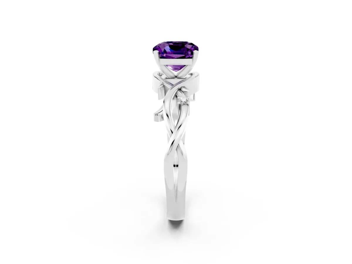 Cushion Cut Amethyst Solitaire Ring with Twisted Band and Prong Setting Silver