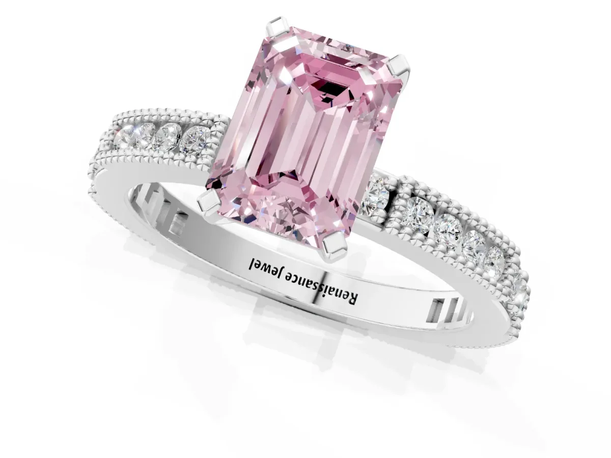 Fancy Pink Emerald Cut Solitaire with Pavé Band and Four-Prong Setting Platinum