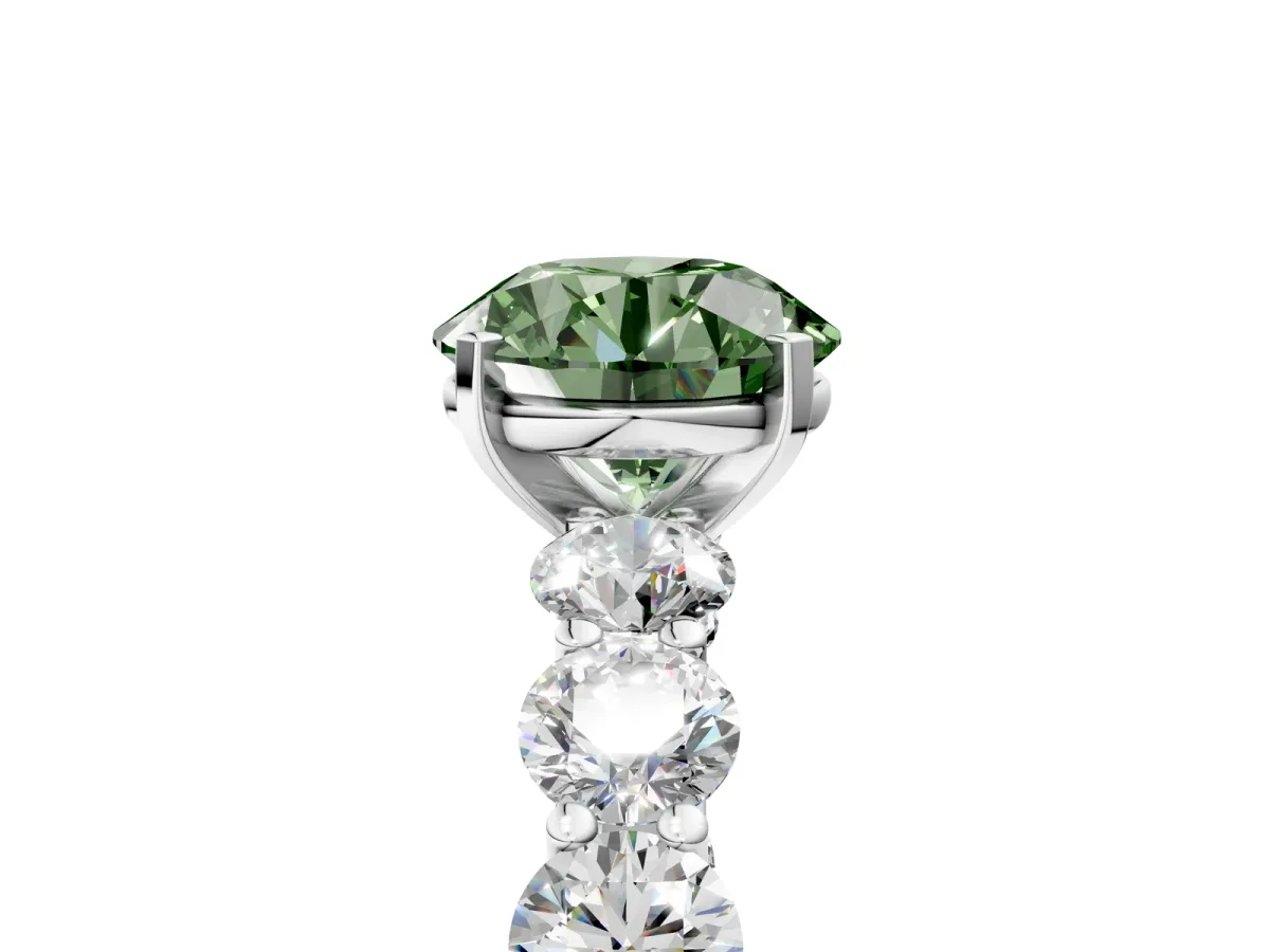 Fancy Green Round Cut Diamond Prong Setting with Side Stones on a Pave Band Silver