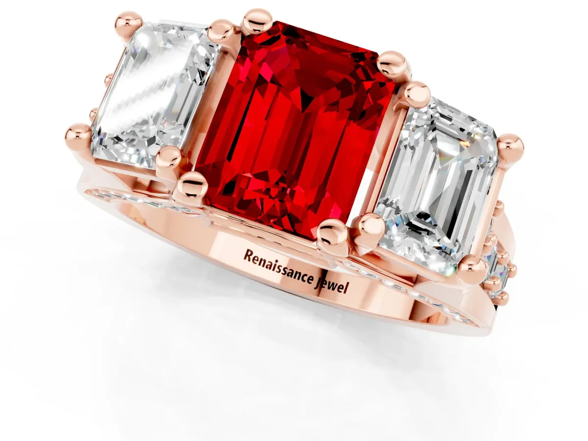 Emerald Cut Ruby Three-Stone Ring with Channel Set Band and Four-Prong Setting Rose gold