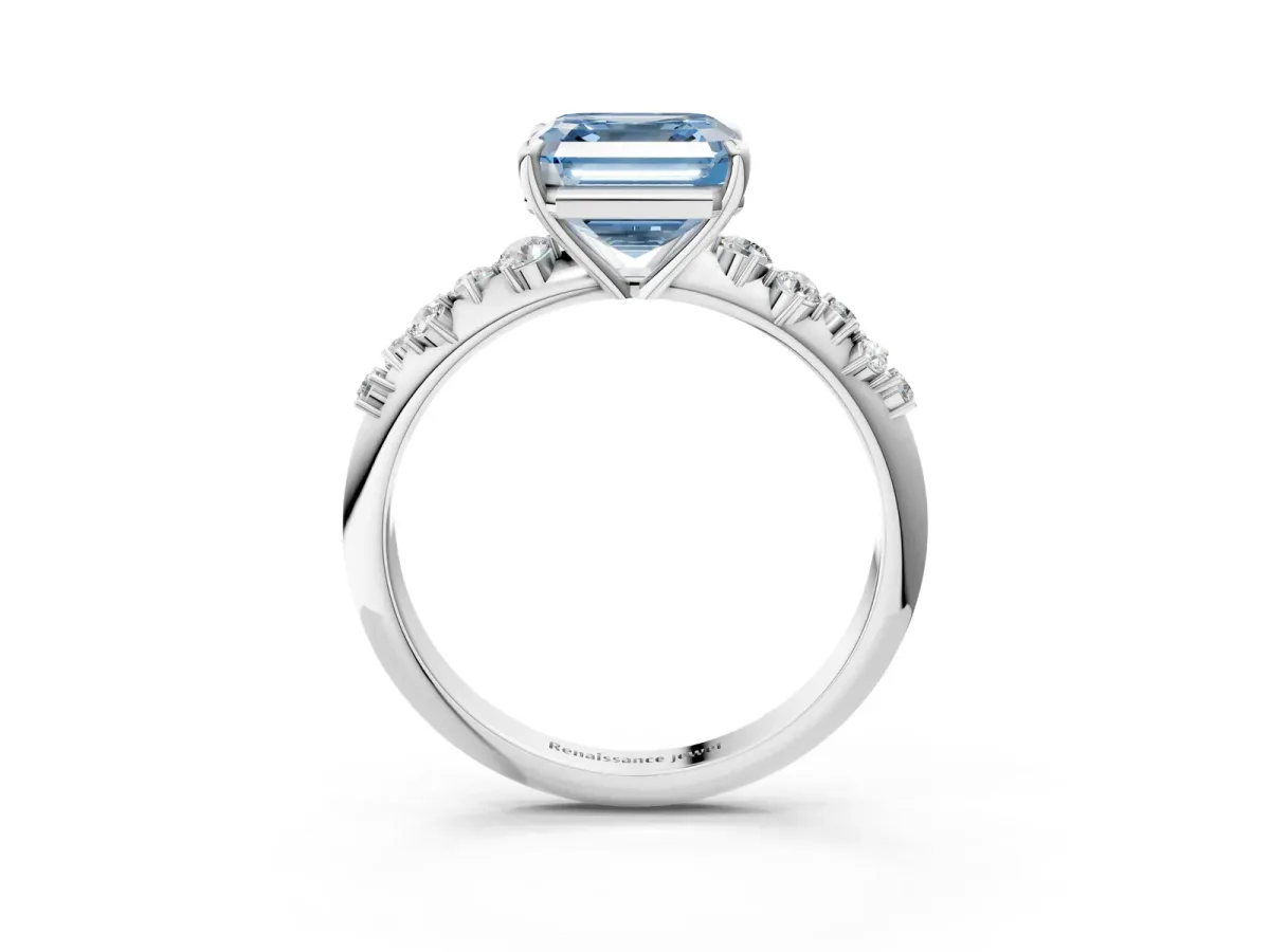 Fancy Blue Asscher Cut Diamond Cluster Side Stone Solitaire Ring with Prong Setting Platinum