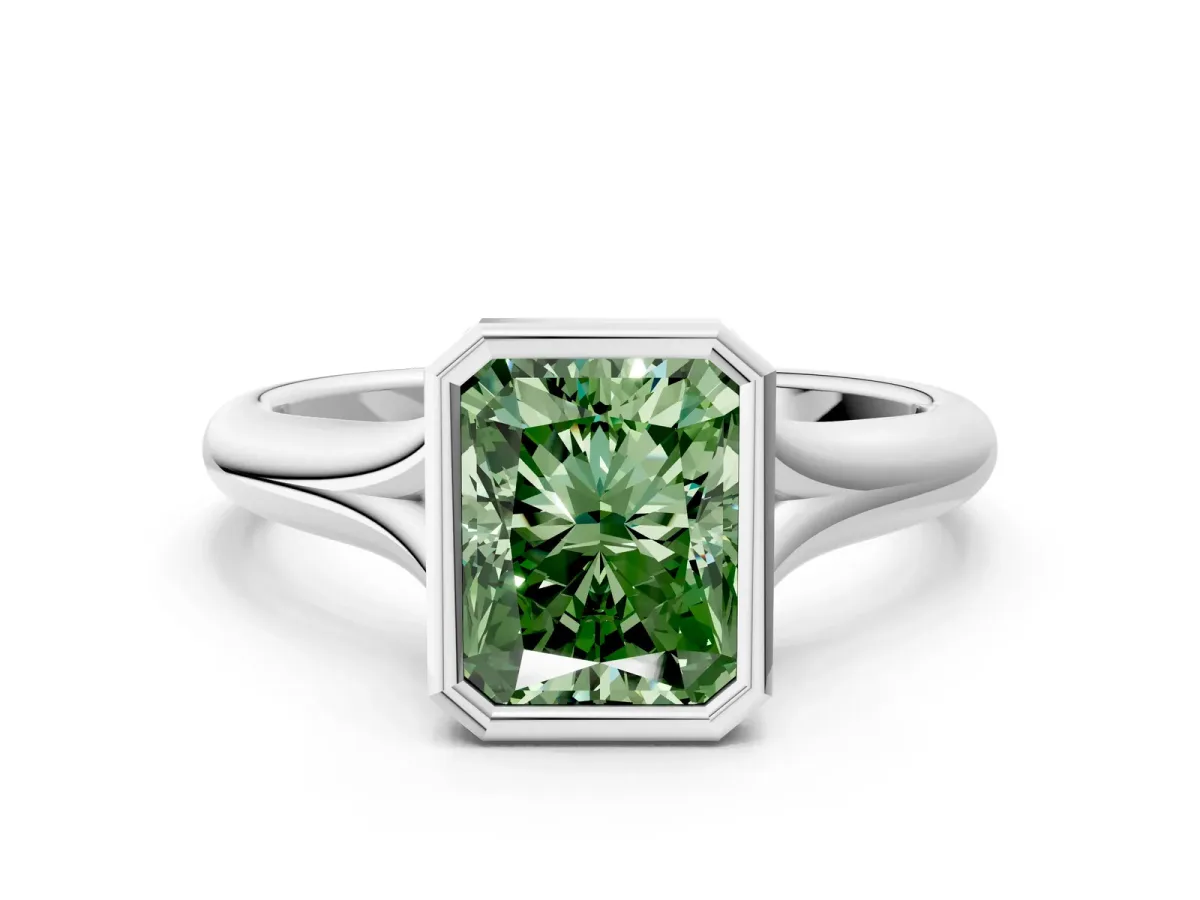 Fancy Green Bezel Set Radiant Cut Solitaire Diamond Ring with Smooth Band Platinum