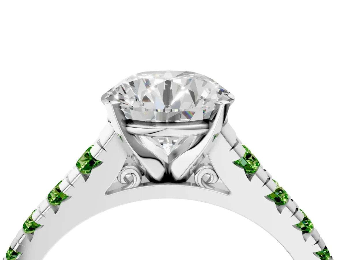 Round Cut Diamond Cathedral Solitaire Ring with Round Peridot Pavé Band Silver
