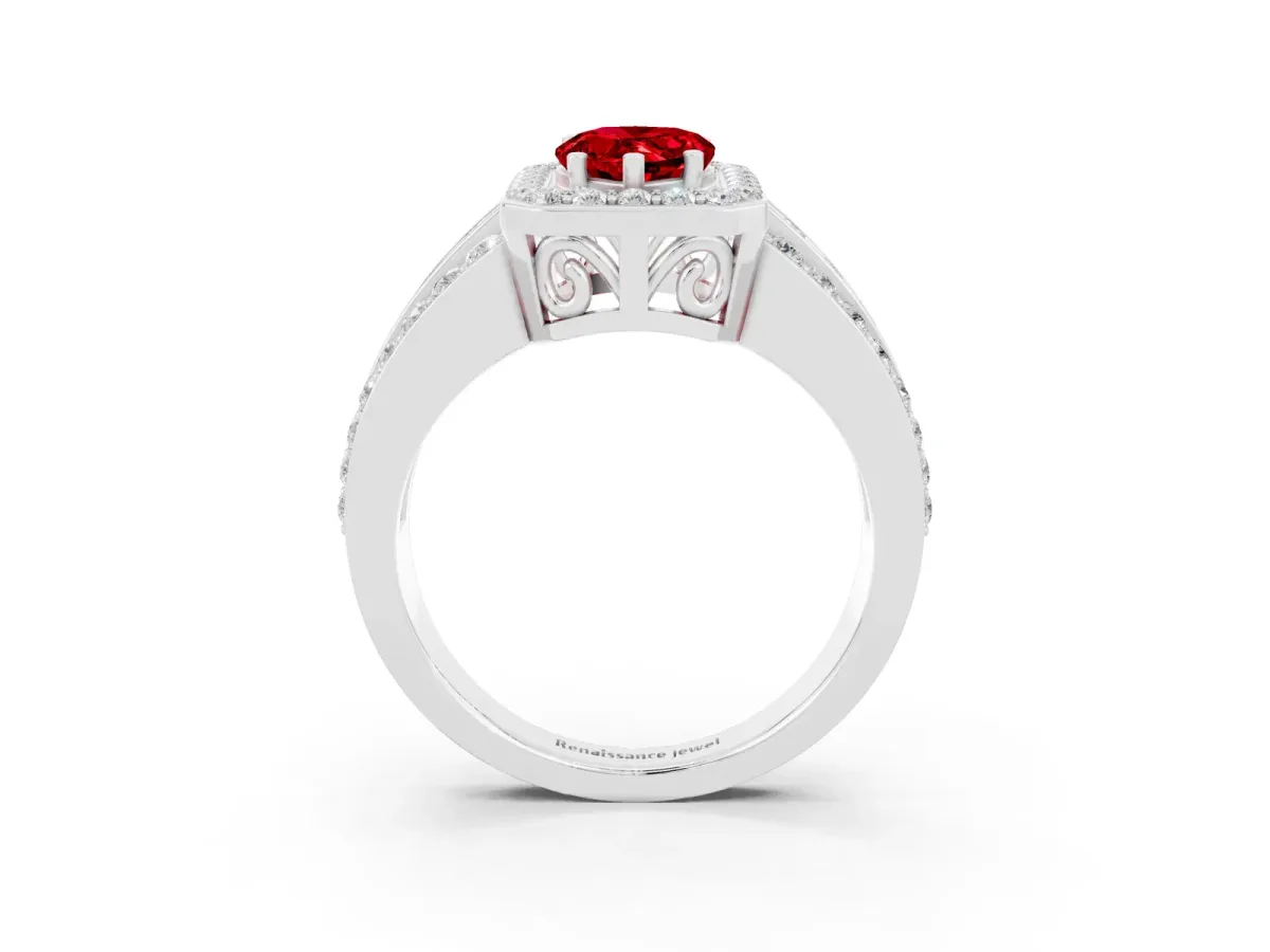 Pear Cut Halo Ruby Ring with Round Split Shank and Prong Setting Silver