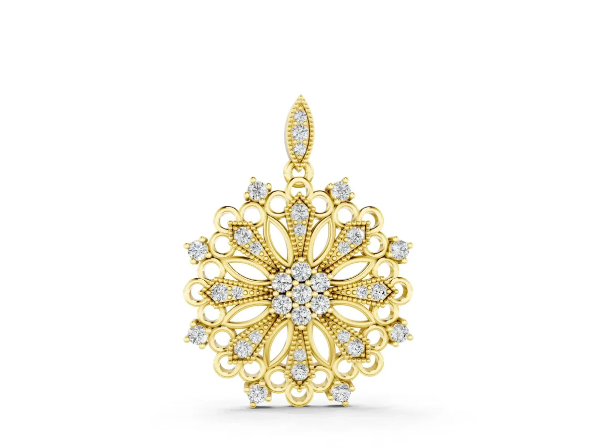 Round Diamond Cluster Milgrain Pendant Yellow gold