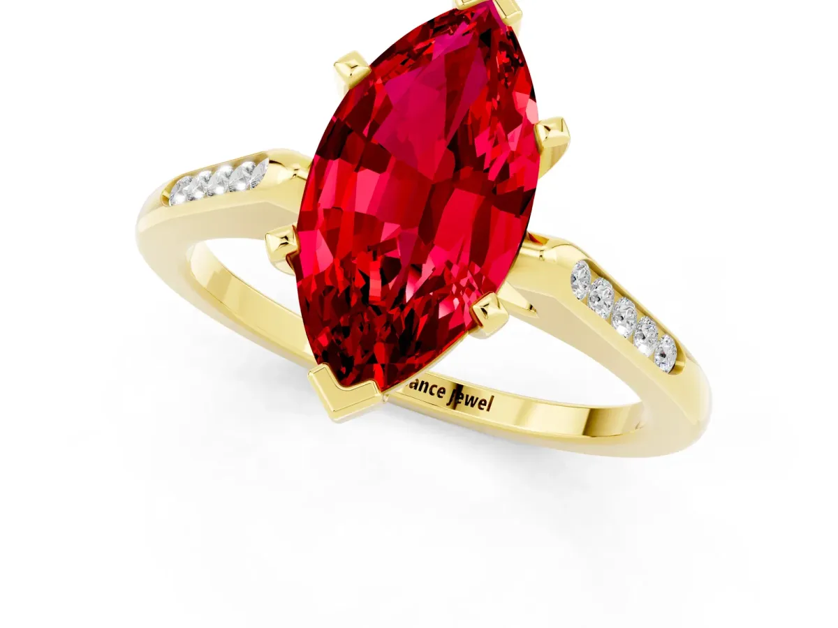 Marquise Cut Ruby Solitaire Ring with Channel Set Round Band and Prong Setting Yellow gold