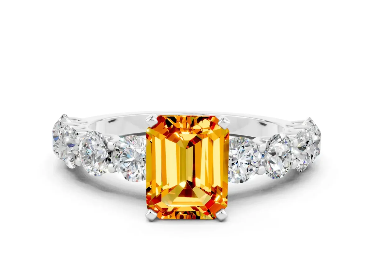 Emerald Cut Citrine Prong Setting with Side Stones on a Pave Band White gold
