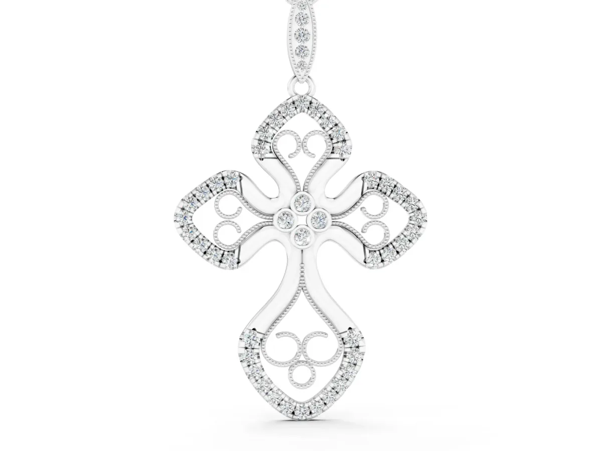 Diamond Pavé Round Milgrain Cross Pendant Silver