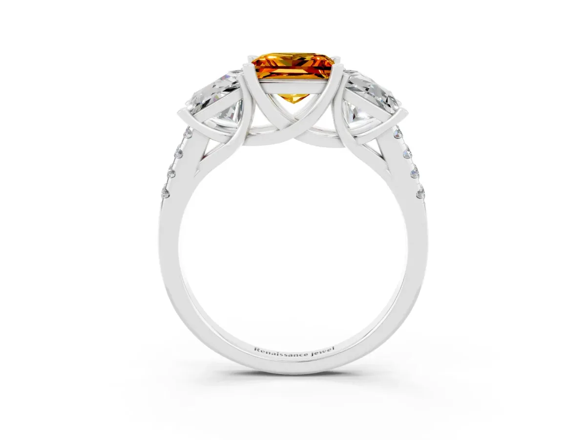 Three-Stone Princess Cut Citrine Ring with Round Pavé Band and Prong Setting Silver