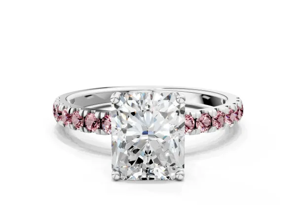 Radiant Cut Diamond Pave Band Solitaire Ring with Round Morganite and Prong Setting Platinum