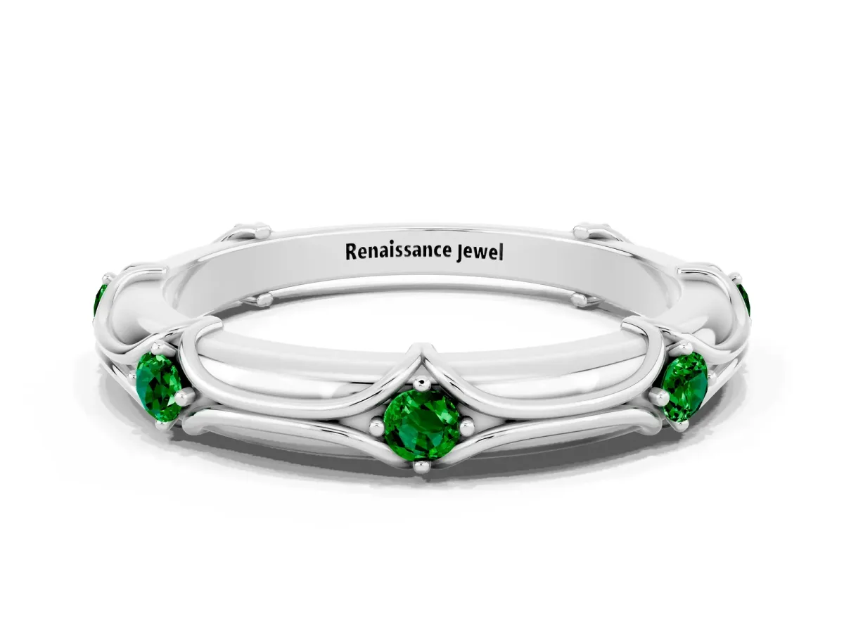 Round Emerald Prong Set Milgrain Eternity Band Platinum