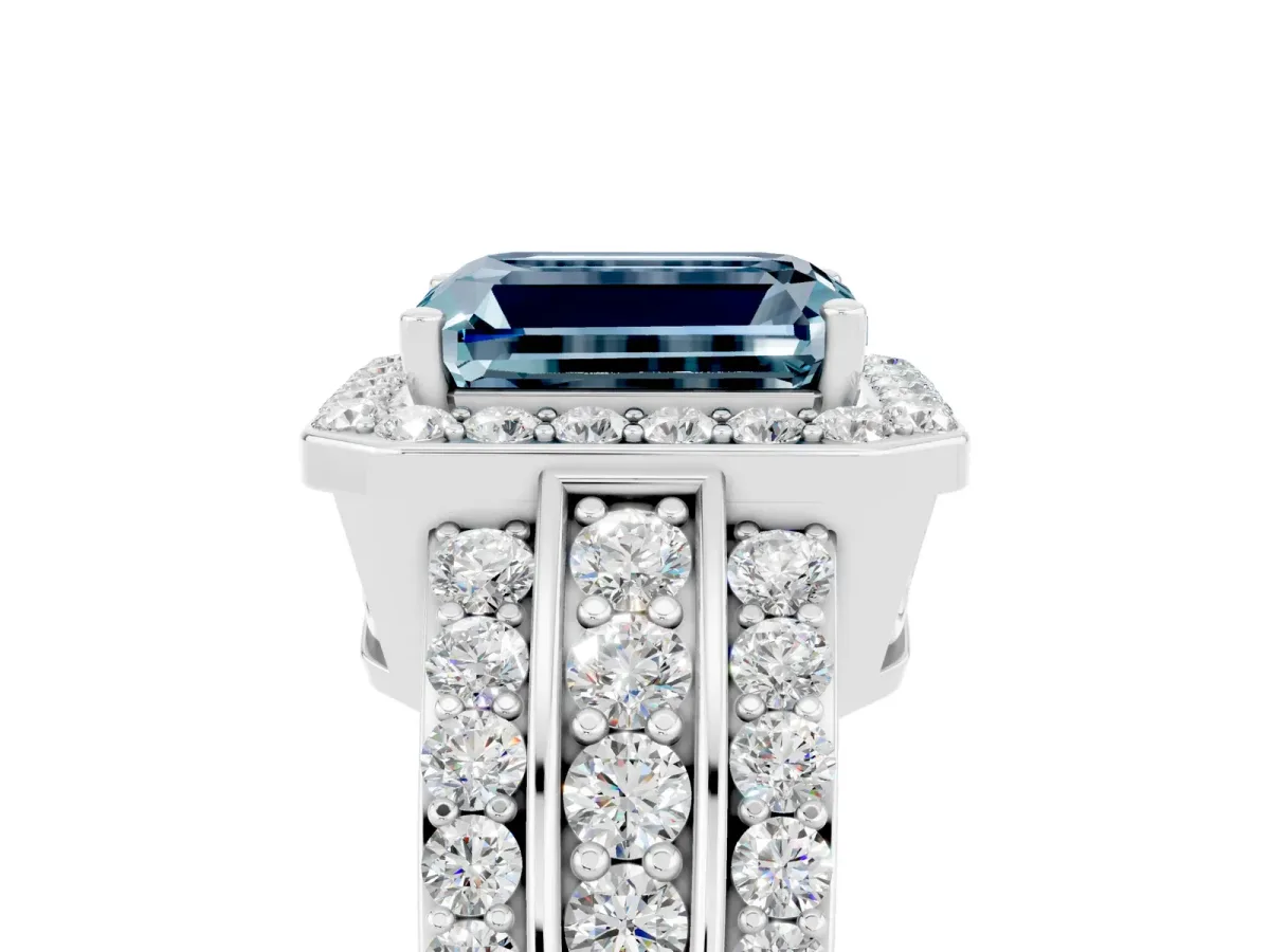 Emerald Cut Halo Aquamarine Ring with Round Split Shank and Prong Setting Silver