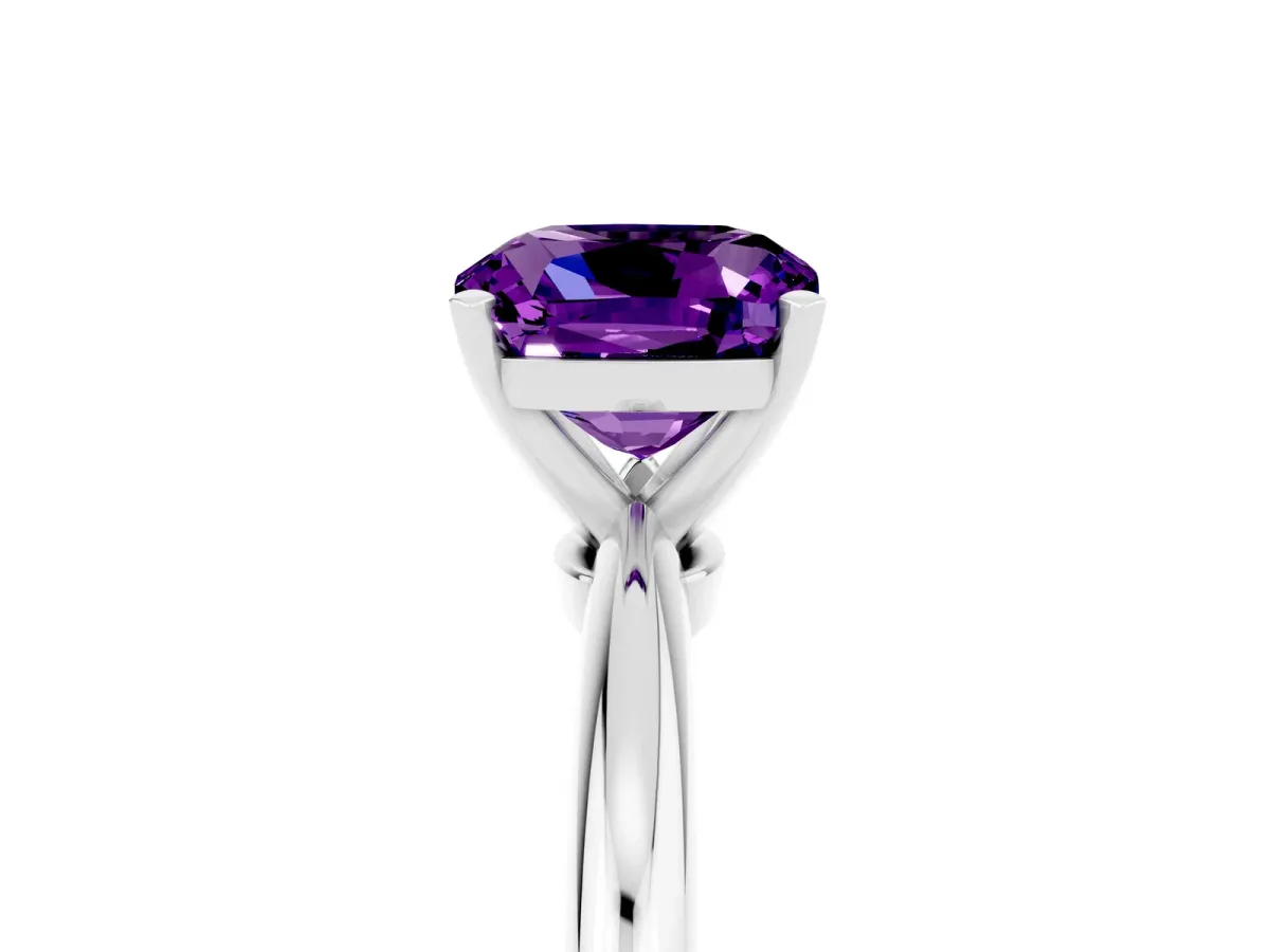 Cushion Cut Amethyst Solitaire Ring with Six-Prong Setting and Classic Band Platinum