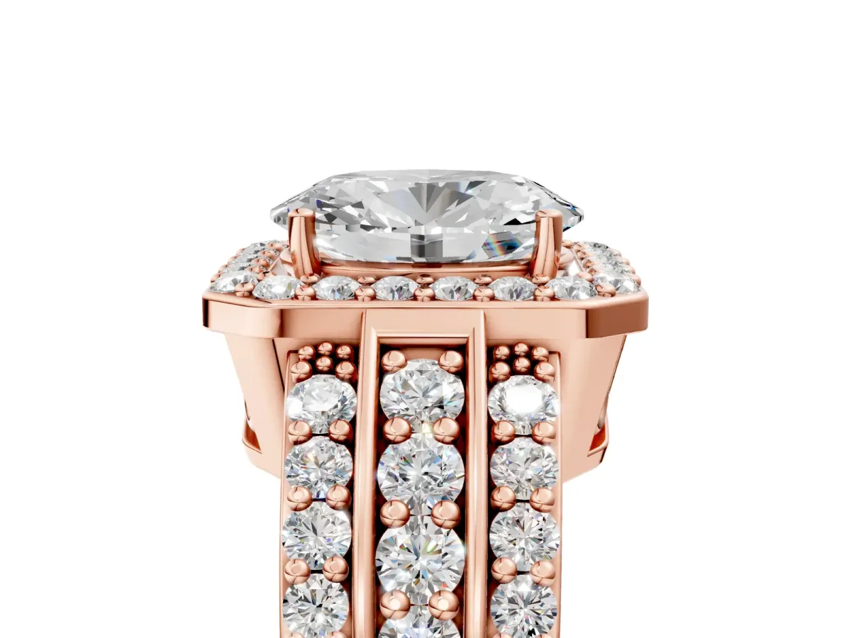 Oval Cut Halo Diamond Ring with Round Split Shank and Prong Setting Rose gold