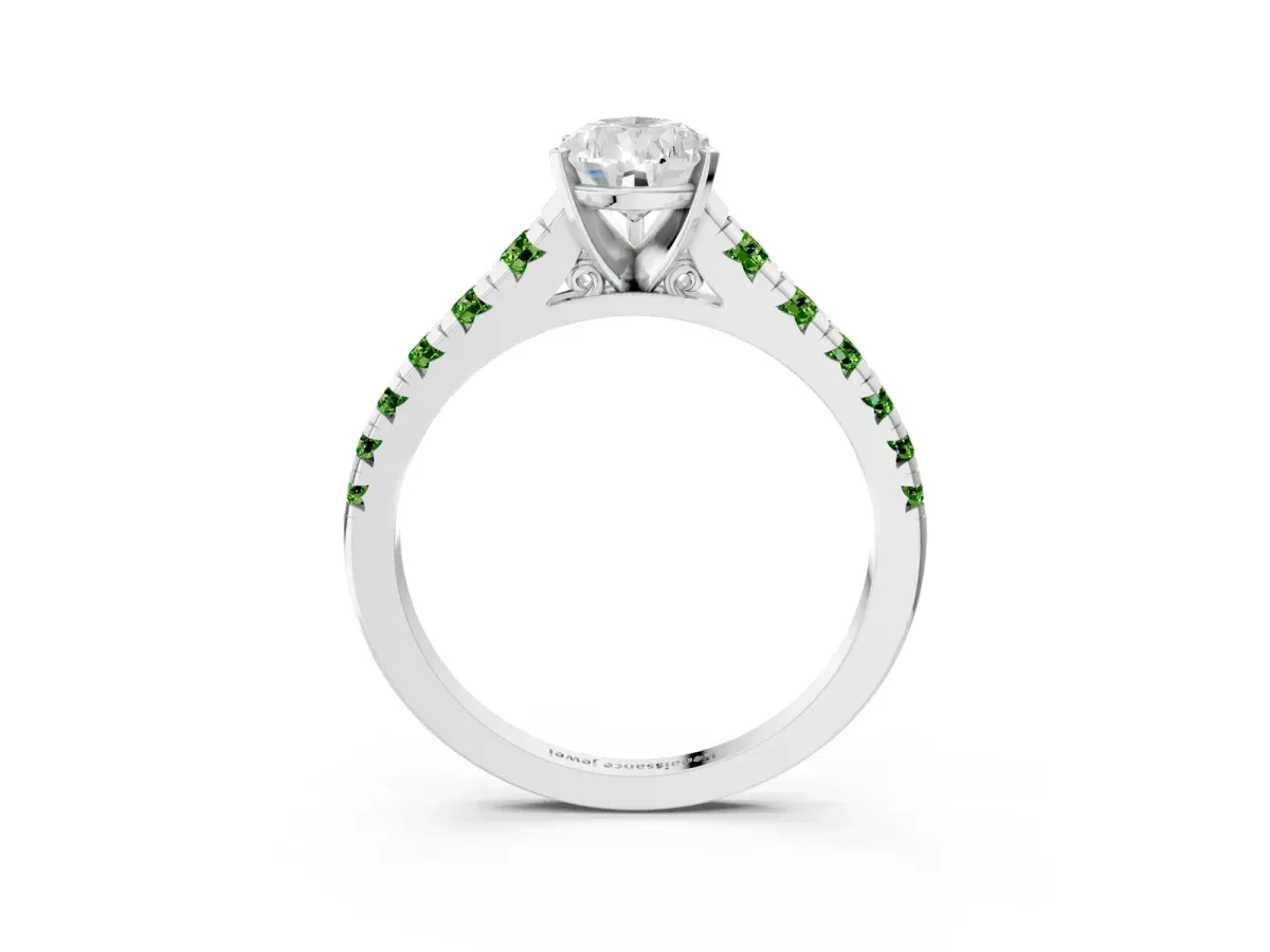 Pear Cut Diamond Cathedral Solitaire Ring with Round Peridot Pavé Band Platinum