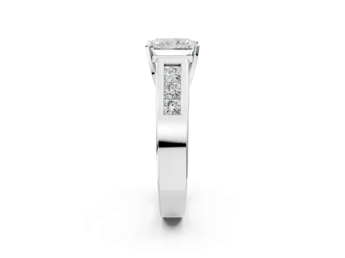Radiant Cut Cut Channel Set Solitaire Ring with Four-Prong Setting Silver