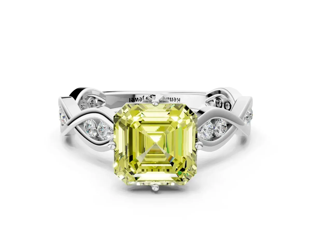 Fancy Yellow Asscher Cut Solitaire Twist Band with Leaf Prong Setting Platinum