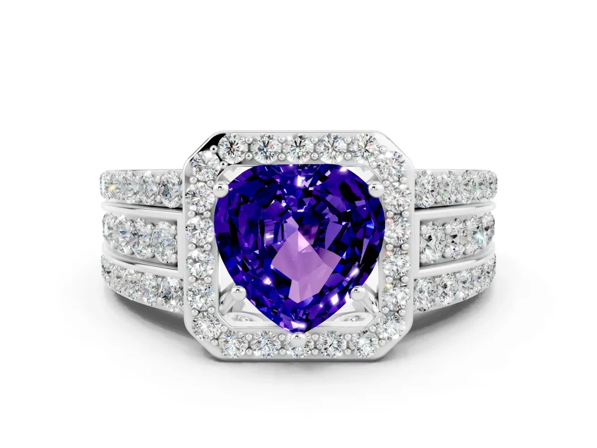 Heart Cut Halo Tanzanite Ring with Round Split Shank and Prong Setting Silver