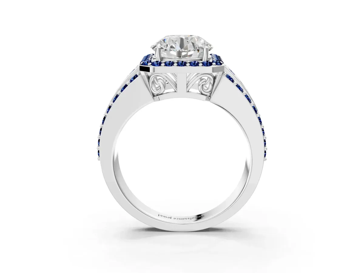 Round Cut Halo Diamond Ring with Round Blue Sapphire Split Shank and Prong Setting Silver