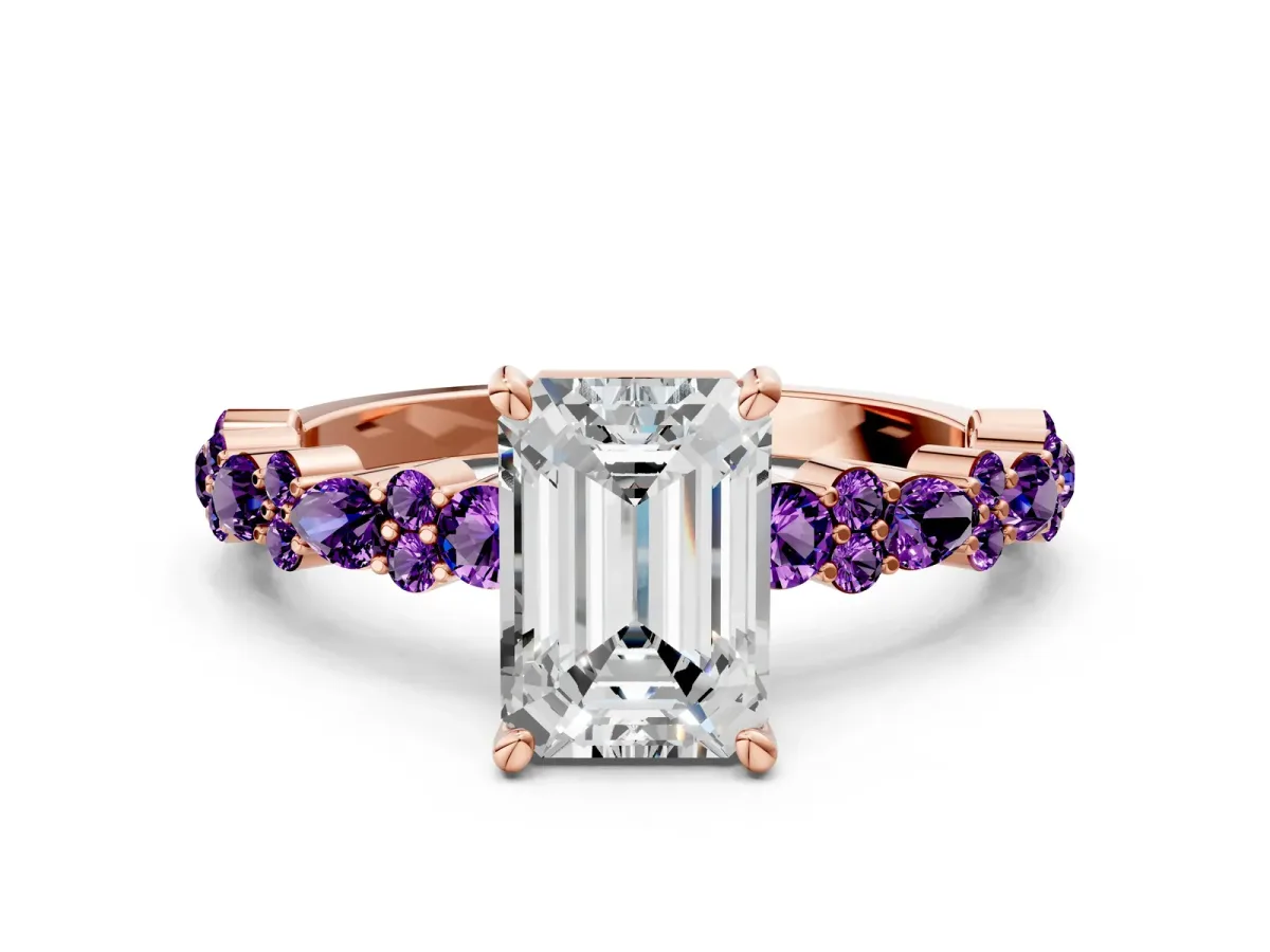 Emerald Cut Diamond Side Stone Solitaire Ring with Round Amethyst and Four-Prong Setting Rose gold