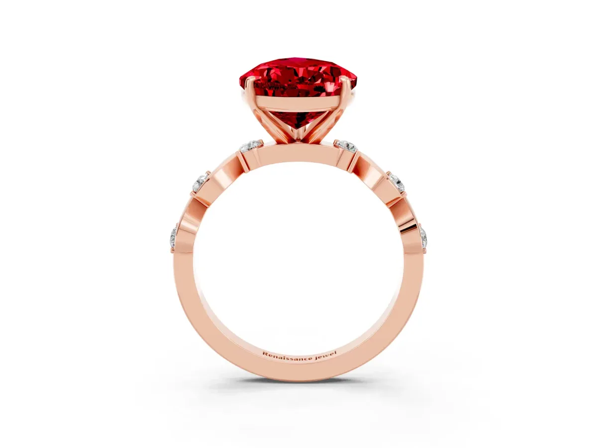 Pear Cut Ruby Solitaire Twisted Band with Round Accents and Prong Setting Rose gold