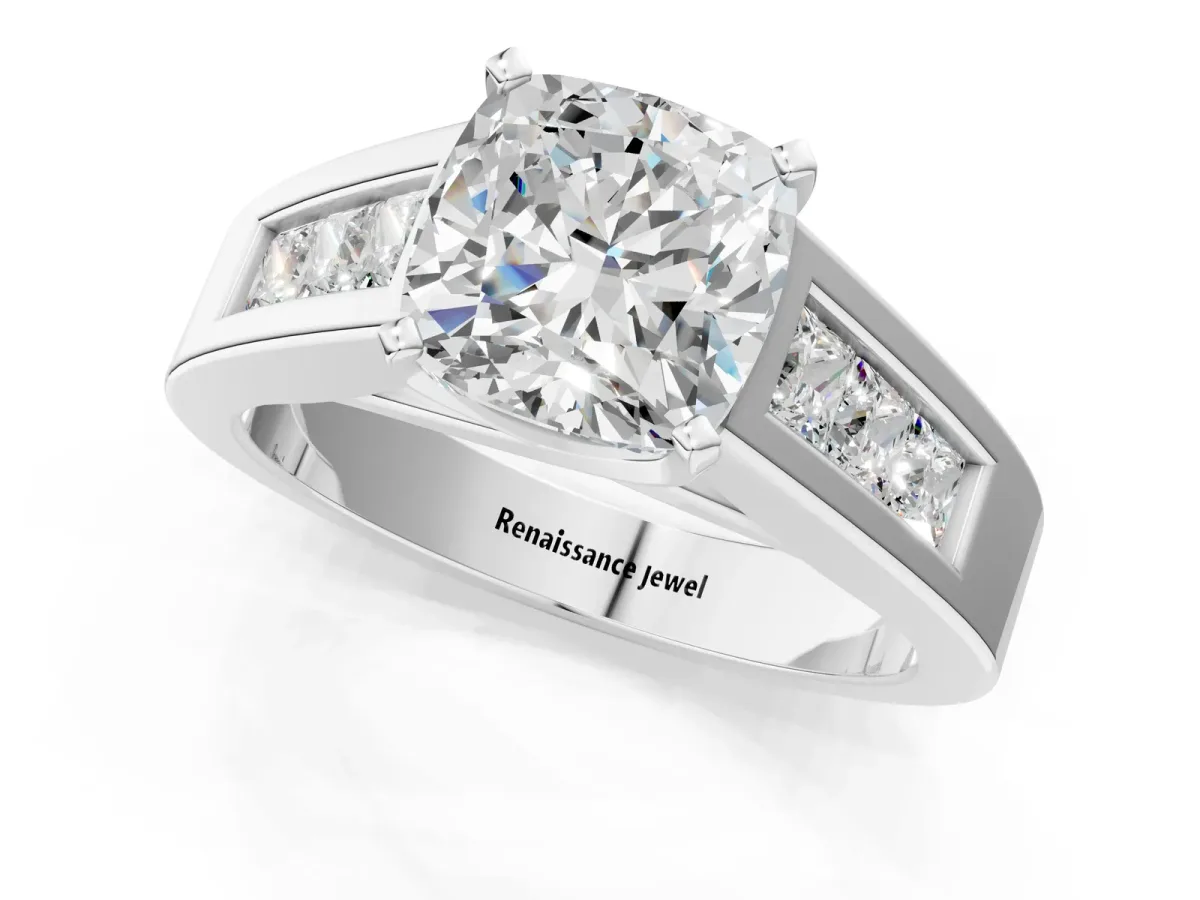 Cushion Cut Cut Channel Set Solitaire Ring with Four-Prong Setting Platinum