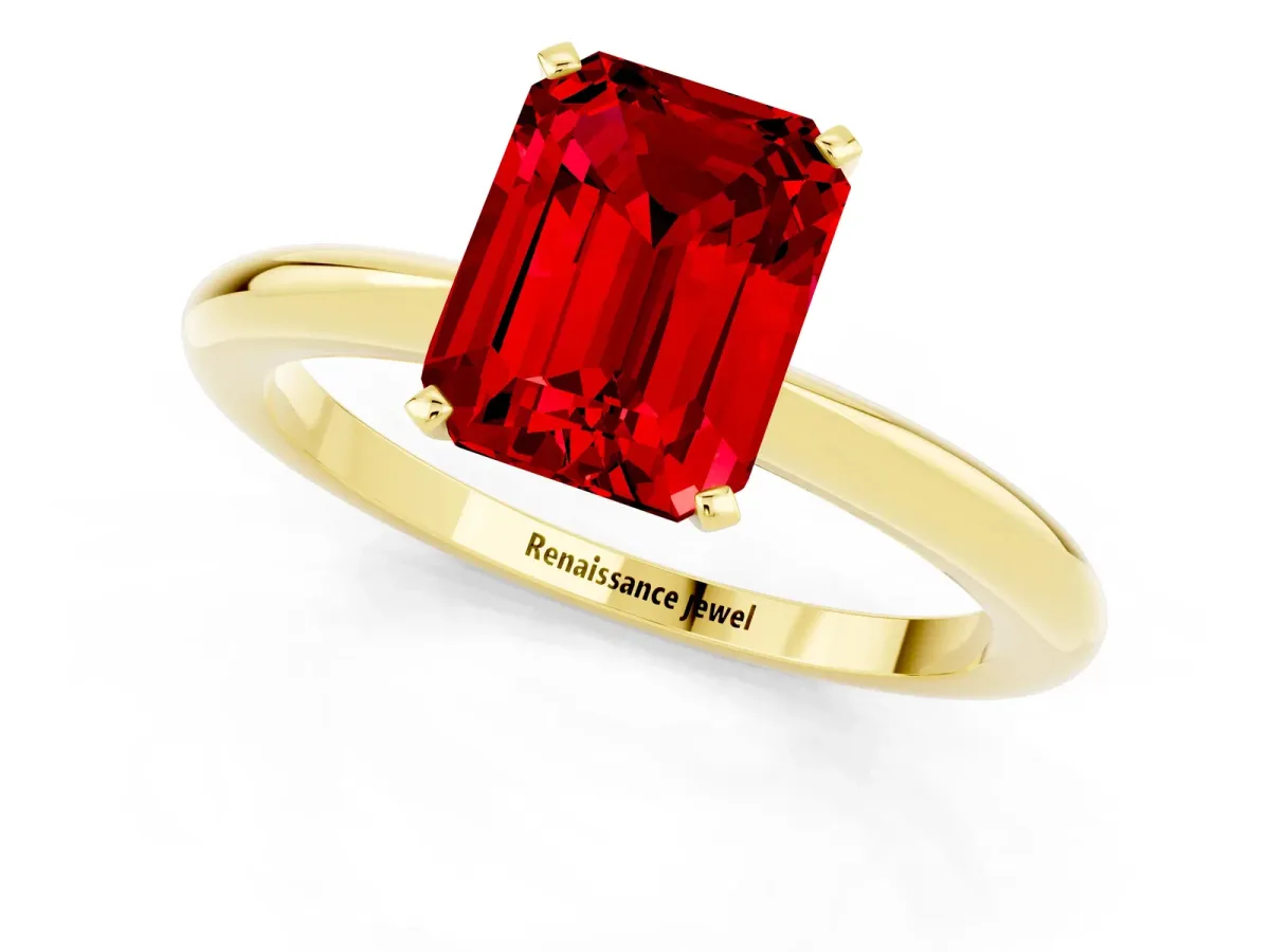 Emerald Cut Ruby Solitaire Ring with Six-Prong Setting and Classic Band Yellow gold