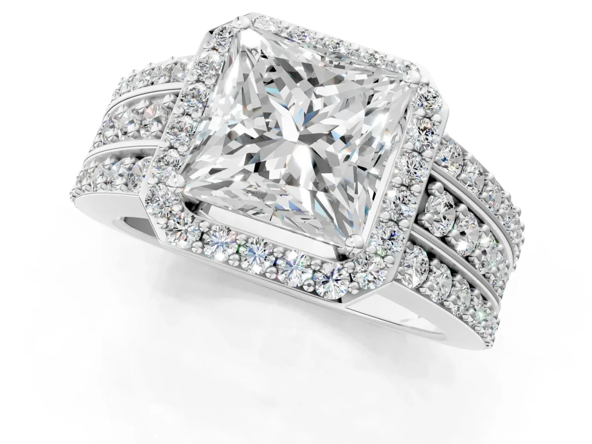 Princess Cut Halo Diamond Ring with Round Split Shank and Prong Setting Silver