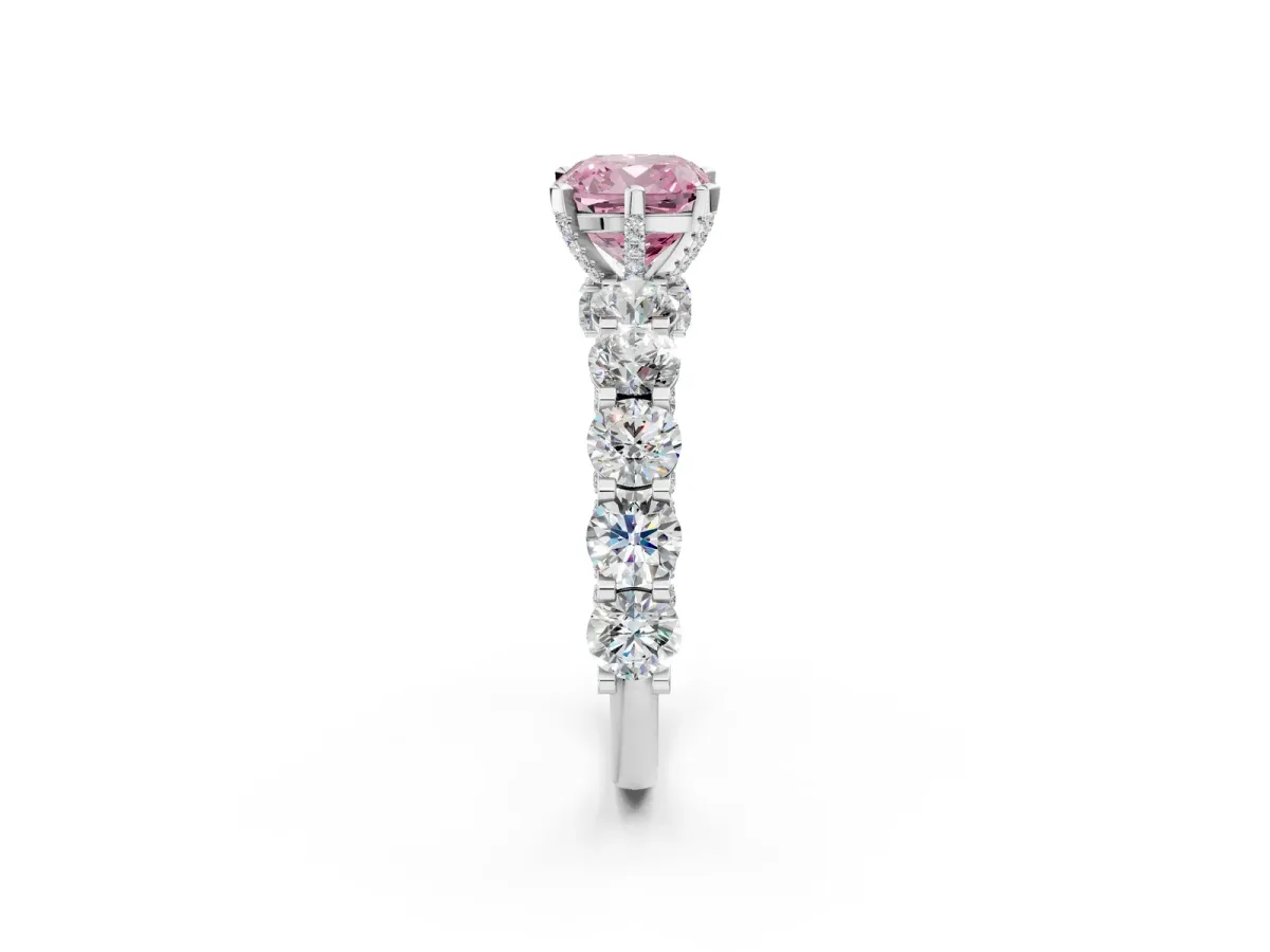 Fancy Pink Cushion Cut Diamond Side Stone Engagement Ring with Four-Prong Setting White gold