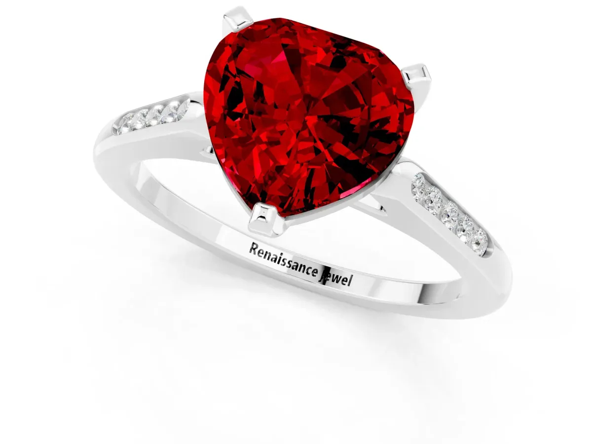 Heart Cut Ruby Solitaire Ring with Channel Set Round Band and Prong Setting Silver