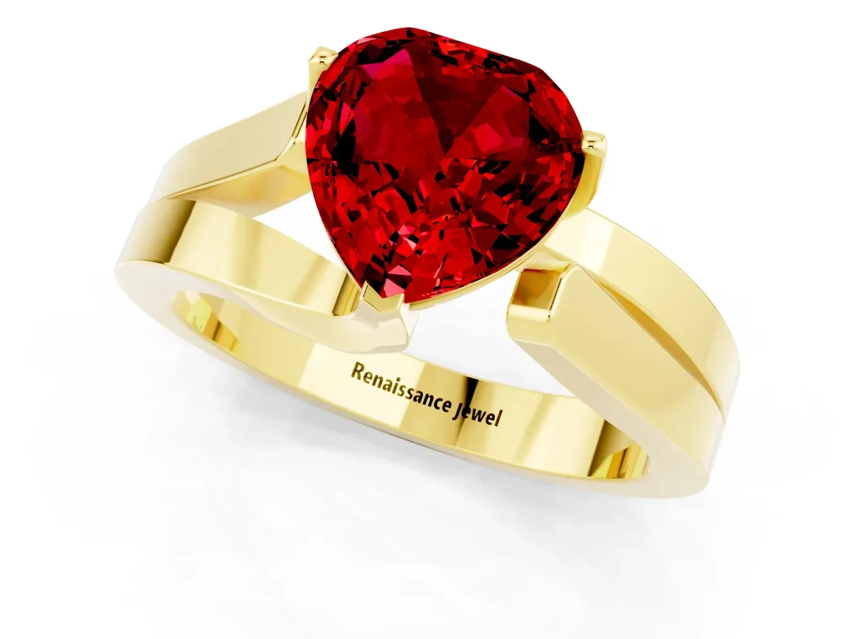 Modern Tension Set Heart Cut Ruby Solitaire Wide Band Ring Yellow gold