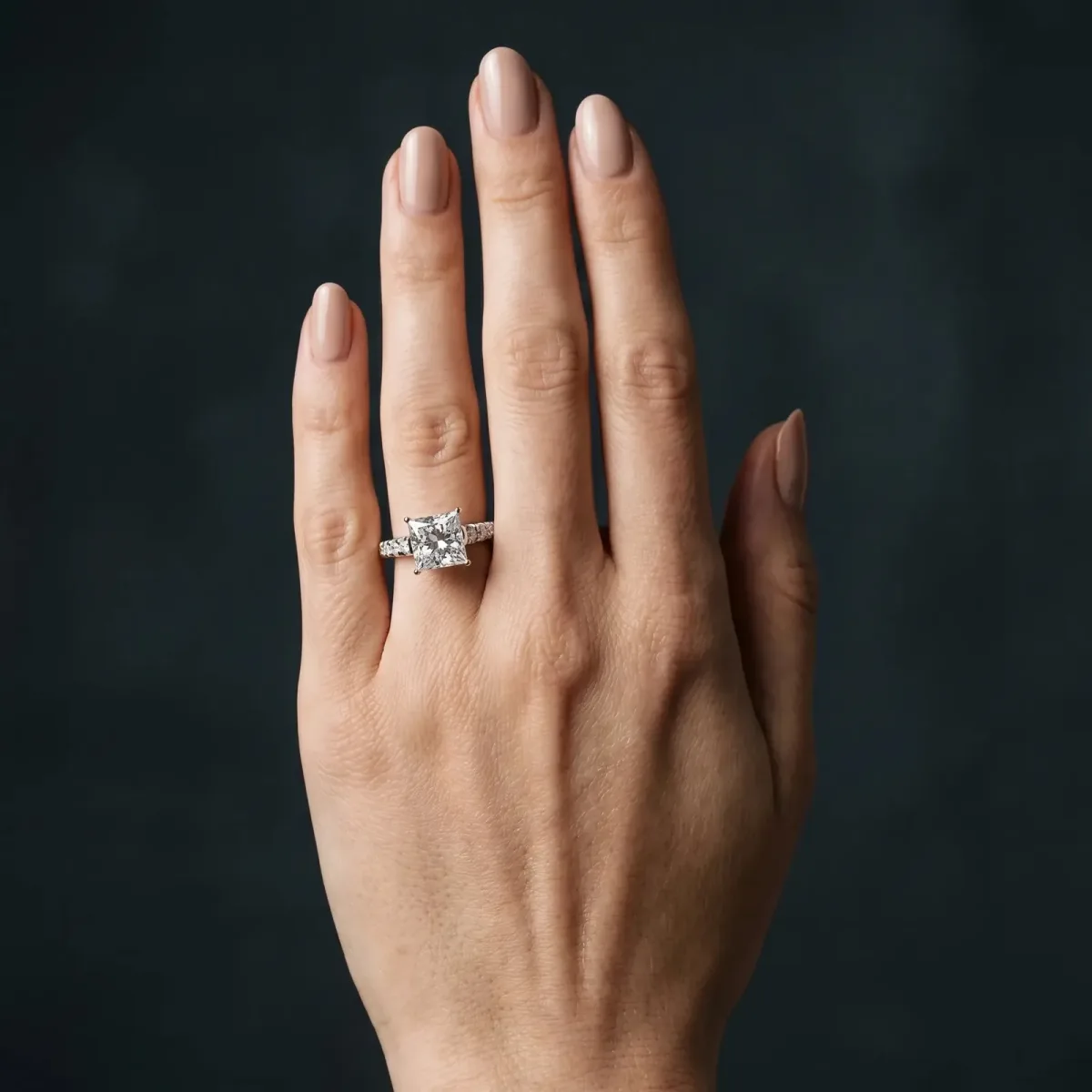 Princess Cut Diamond Cathedral Solitaire Ring with Round Pavé Band Platinum