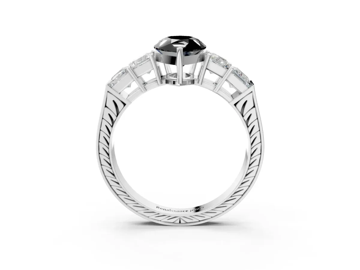 Fancy Black Pear Cut Solitaire Princess Side Stone Engraved Band Prong Setting Ring Platinum