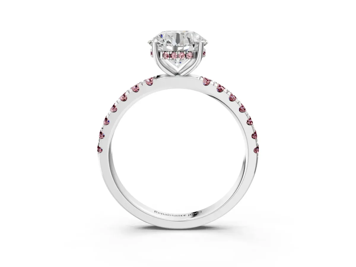 Round Cut Diamond Pave Band Solitaire Ring with Round Morganite and Prong Setting Silver