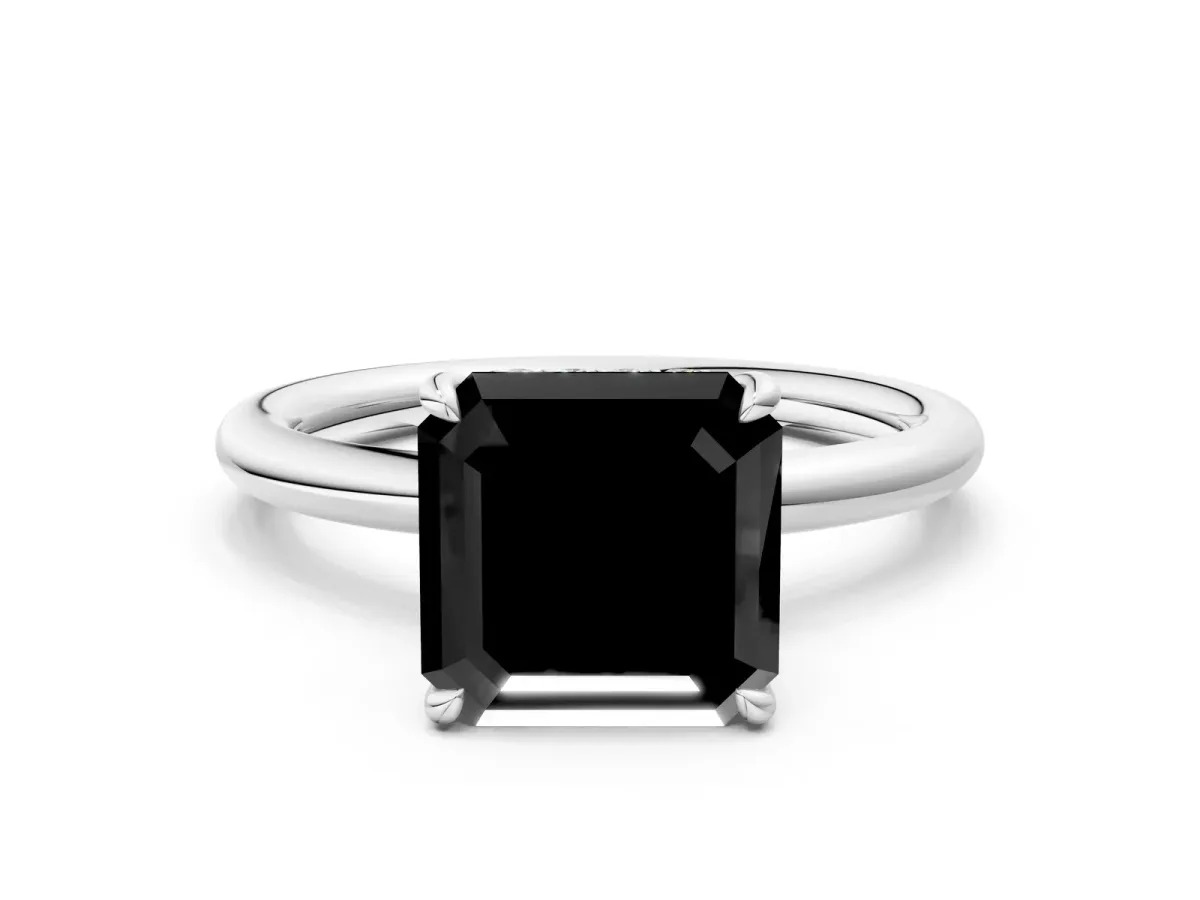 Fancy Black Asscher Cut Diamond Solitaire Ring with Thin Band and Four-Prong Setting Platinum