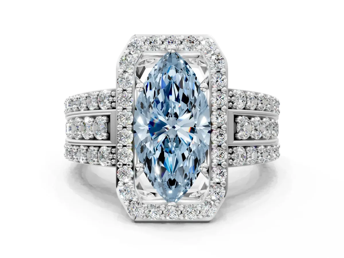 Fancy Blue Marquise Cut Halo Diamond Ring with Round Split Shank and Prong Setting Platinum