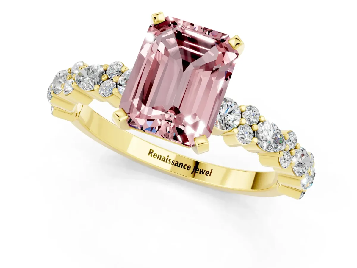 Emerald Cut Morganite Side Stone Solitaire Ring with Round and Four-Prong Setting Yellow gold