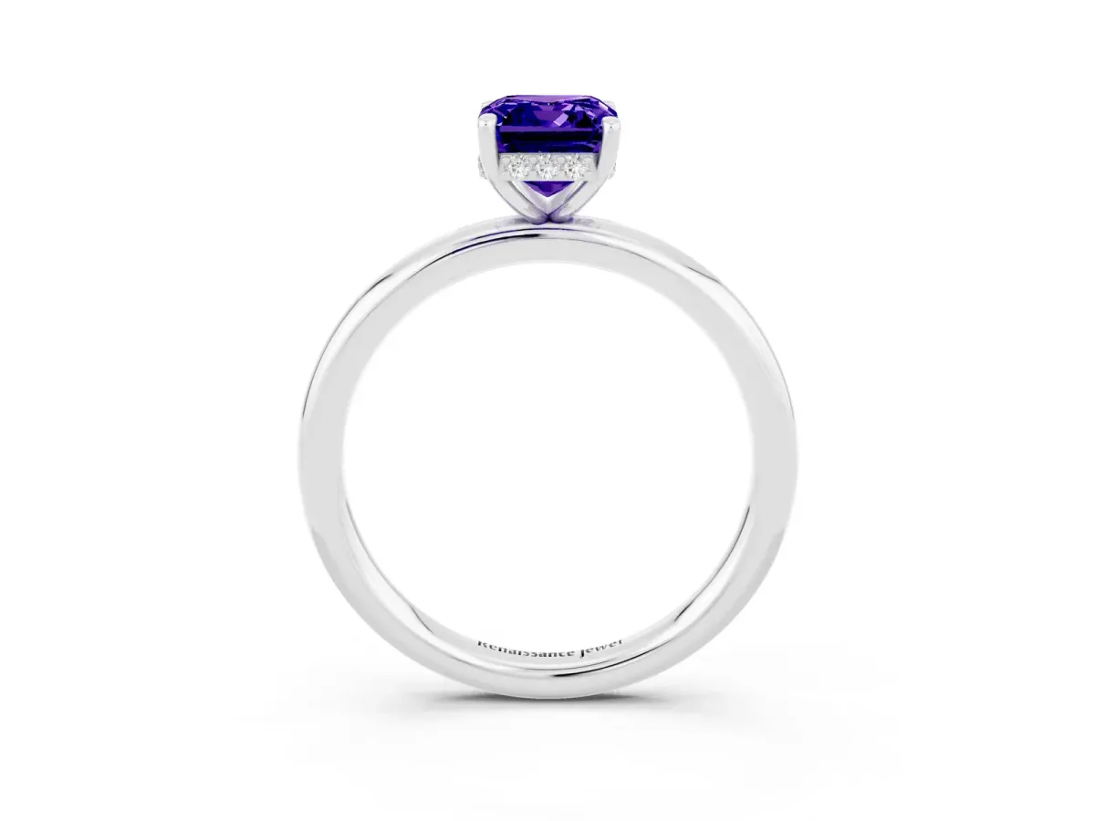 Emerald Cut Tanzanite Solitaire Ring with Thin Band and Four-Prong Setting Platinum