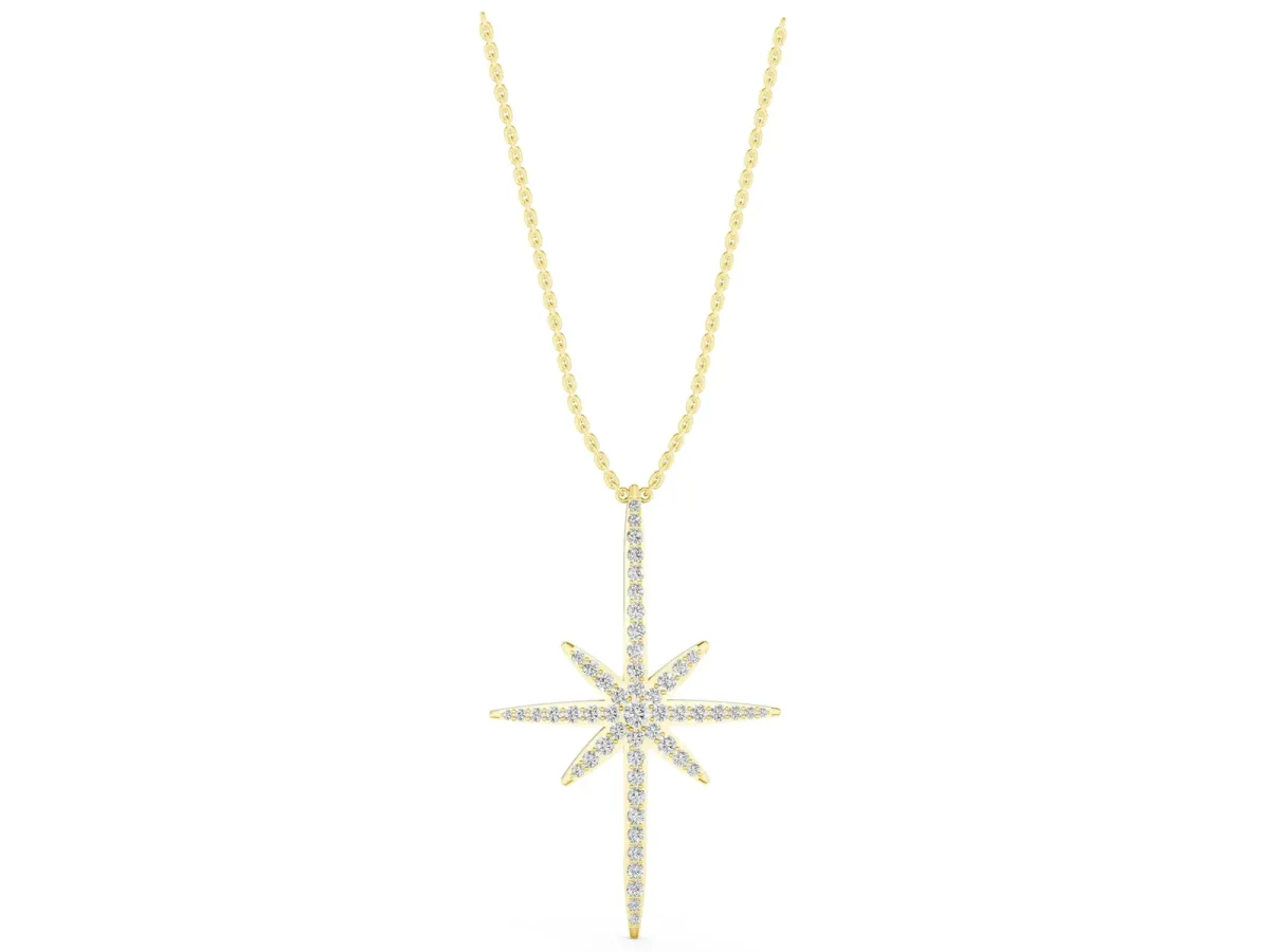Pavé Round Diamond Starburst Pendant with Prong Setting Yellow gold