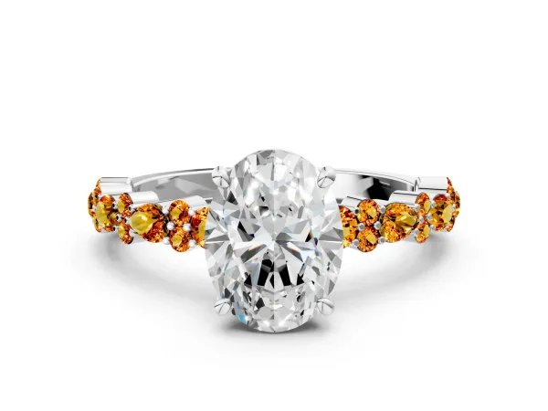 Oval Cut Diamond Side Stone Solitaire Ring with Round Citrine and Four-Prong Setting White gold
