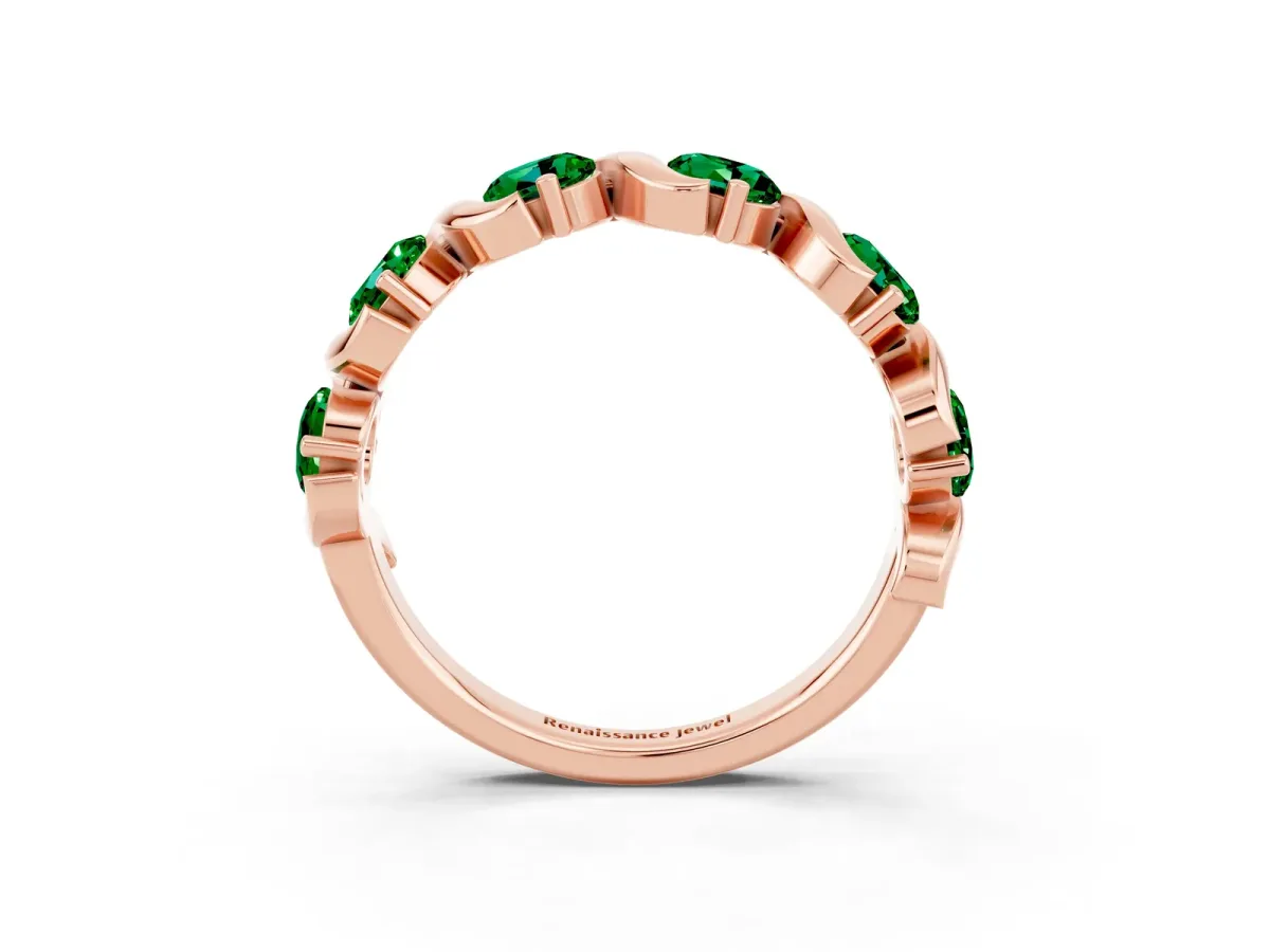 Round Emerald Half Eternity Band with Wave Prong Setting Rose gold