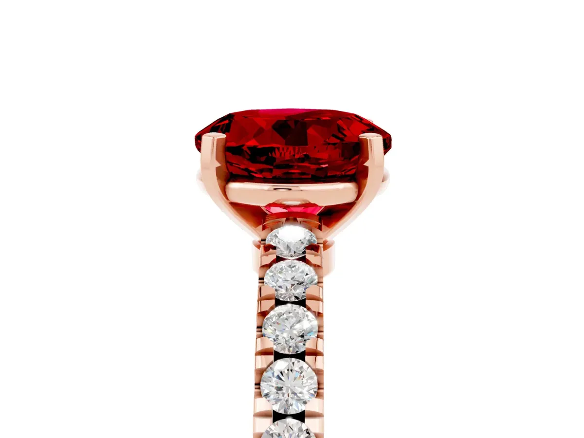 Round Cut Solitaire Ruby with Pavé Band and Four-Prong Setting Rose gold