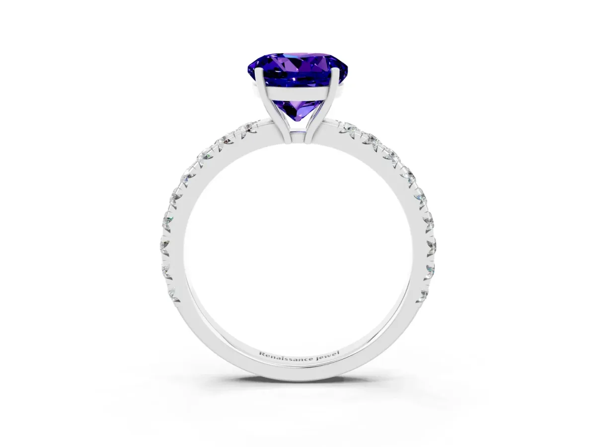 Round Cut Tanzanite Pavé Solitaire Engagement Ring with Four-Prong Setting Silver