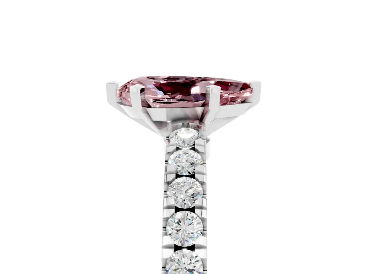 Pear Cut Solitaire Morganite with Pavé Band and Four-Prong Setting Silver